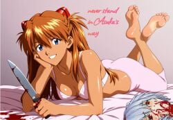 2girls alpha_female ass asuka_langley_sohryu bare_legs bare_shoulders barefoot beautiful_girl bed bedroom beheaded best_girl blood blood_on_hand blood_on_knife blood_stain blue_eyes blue_hair bondage breasts cheerful crossed_legs dead_female death dominant_female domination english_text enjoying enjoyment excited feet feet_up female foot_fetish foot_focus ginger ginger_hair gore hair_ornament happy happy_dom happy_female happy_girl hips holding_knife killing knife kuudere leggings legs long_hair looking_at_viewer lying medium_breasts murdered neon_genesis_evangelion on_stomach open_smile orange_hair pink_bra pink_leggings pink_pants red_eyes red_hair redhead_female rei_ayanami relaxing sadism sadistic sadistic_girl sadistic_smile sexy_pose sexy_smile shiny_breasts shiny_skin short_hair showing_feet smile smiling smiling_at_viewer soles tanned_girl teasing teenage_girl teenager teeth the_pose toes tsundere violence winner