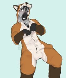 absurd_res anthro blush bulge canid canine clothed clothing digital_media_(artwork) equid equine fox genitals haru_(haru3d) hi_res horse kigurumi male mammal onesie penis simple_background solo sunliine