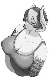 big_breasts body_markings cleavage female female_only hair_between_eyes half-closed_eyes high-angle_view huge_breasts looking_at_viewer made_in_abyss mature mature_female monochrome muratakahashi2 no_bra ozen short_hair solo tank_top two_tone_hair upper_body