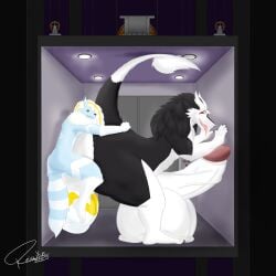 1:1 absurd_res anthro ass balls big_balls big_butt big_penis black_body black_fur blue_body blue_fur canid canine canis duo elevator femboy fox fur genitals hi_res horn huge_balls huge_cock hybrid hyper hyper_balls hyper_genitalia hyper_penis male male/male mammal penis reisuke_wolfox reisuke_wolfox_(artist) sergal size_difference small_dom_big_sub tail white_body white_fur wolf