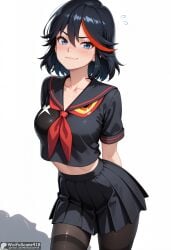 ai_generated arms_behind_back bangs black_hair black_pantyhose black_sailor_collar black_serafuku black_shirt black_skirt blue_eyes blush breasts closed_mouth collarbone cowboy_shot crop_top crop_top_overhang female flying_sweatdrops hair_between_eyes high_resolution highres kill_la_kill looking_at_viewer matoi_ryuuko medium_breasts midriff multicolored_hair neckerchief pantyhose patreon_username pleated_skirt red_hair red_neckerchief sailor_collar school_uniform senketsu serafuku shirt short_hair short_sleeves simple_background skirt smile solo stable_diffusion streaked_hair thighband_pantyhose two-tone_hair waifuscans418 white_background