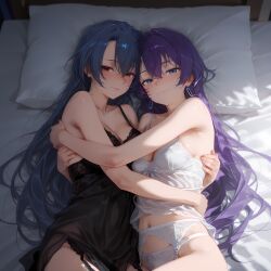 2girls ai_generated blue_hair female purple_hair rew shangri-la_frontier tagme