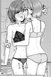 2girls absurdres after_kiss asakura_toru blush breasts cleavage clothing_aside commentary_request female female_pubic_hair fingering greyscale hair_ornament hairclip highres higuchi_madoka hug idolmaster idolmaster_shiny_colors medium_breasts monochrome multiple_girls open_mouth panties panties_aside pubic_hair saliva saliva_trail short_hair stomach sweat underwear underwear_only yagihitsuji00 yuri
