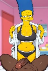 1boy 1boy1girl 1girl1boy 1girls absurd_res absurdres ai_assisted ai_generated bathrobe blacked blacked_clothing blue_hair busty cheating_wife curvy curvy_figure dark-skinned_male female from_below high_resolution highres interracial large_ass large_breasts large_penis looking_at_viewer male marge_simpson mature_female netorare ntr pov raleu10 slim_waist sports_bra sportswear stripping taking_clothes_off taking_off_bathrobe teasing the_simpsons veiny_penis wide_hips yellow_skin