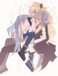 2girls blonde_hair blush breasts brown_necktie closed_eyes clothed_female_nude_female clothed_sex collared_dress dress duel_monster emptyayya female grey_hair highres long_hair long_sleeves multiple_girls necktie nude simple_background sky_striker_ace_-_raye sky_striker_ace_-_roze sweat twintails two-tone_dress yu-gi-oh! yuri