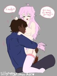 bbc colored langerie no_bra no_shading pink_hair precum rubbing_head sitting_on_lap sucking_nipples tailwag