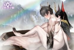 1girl1boy animal_ears arknights chong_yue_(arknights) dragon_girl female footjob male ya_(arknights) zuoye_bang