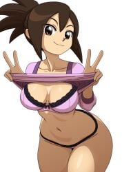 1girls alternate_version_available big_breasts bottomwear bra breasts brown_eyes brown_hair cleavage clothes_lift clothing double_peace_sign female female_only hair hips hope_stelar kyde lace lace-trimmed_bra lace-trimmed_panties lace_trim lingerie mature mature_female mature_woman mega_man mega_man_star_force milf mother peace_sign pink_bra pink_panties pink_shirt shirt shirt_lift smile solo solo_female thick_thighs thighs tied_hair topwear wide_hips