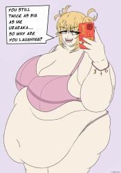 1girls bbw bra cutemushroompie dialogue exposed_fat_belly fat female female_only hanging_belly himiko_toga huge_belly huge_breasts human my_hero_academia overweight overweight_female selfie solo solo_female standing text underwear weight_gain
