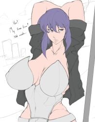 1girls arms_behind_head big_breasts cleavage clothing dialogue female_only ghost_in_the_shell jacket kusanagi_motoko light-skinned_female looking_sideways mature_female purple_eyes purple_hair short_hair smoxul solo text