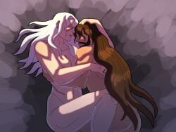 artistic_nude ashe_(league_of_legends) basic_background cicerwoah comfort cuddling cute freljord_ashe hugging laying_on_bed lazy league league_of_legends lol long_hair long_hair_male low_effort low_res muscular muscular_female muscular_male nude nude_female nude_male peaceful scar scar_on_face scars straight tryndamere white_hair wholesome