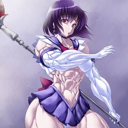 1girls abs bare_shoulders biceps bishoujo_senshi_sailor_moon breasts bridal_gauntlets choker cleavage clothing collarbone earrings extreme_muscles female female_only gloves hairbow highres hotaru_tomoe huge_thighs japanese_clothes long_gloves looking_at_viewer muscle muscles muscular muscular_female muscular_legs navel open_mouth panties pink_eyes polearm purple_hair purukogi_(plasma_beach) ribbon sailor_saturn school_uniform short_hair short_shirt simple_background skirt small_breasts solo stomach thick_thighs thighs tiara weapon white_gloves