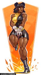 2024 abs black_gloves black_hair bodysuit boots brown_skin clenched_fists confident crimsoncoax curly_hair dark_skinned_female digital_painting female fit_female front_view full_body_view full_color gloves high_res hourglass_figure huge_thighs human juicy_thighs meaty_thighs muscular muscular_arms muscular_female orange_background pose shiny_skin solid_color_background solo standing strong sweat_drops thick_thighs thigh_gap tight_clothing toned toned_abs twintails white_boots wide_hips