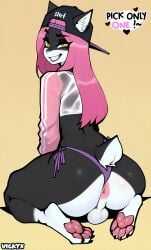 ai_generated anthro anus ass backwards_baseball_cap backwards_hat baseball_cap big_butt biped black_body black_eyeshadow black_fur clothing clothing_aside crop_top domestic_cat english_text eyeshadow feet felid feline felis femboy fur grin hair hat headgear headwear hi_res kneeling long_sleeves makeup male mammal pawpads pink_hair presenting presenting_hindquarters rear_view shirt short_tail smile solo tail text thong thong_aside topwear underwear underwear_aside vickyx yellow_eyes