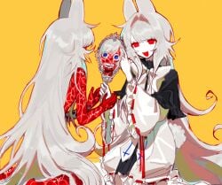 2girls absurdres animal_ears black_capelet blue_eyes body_horror bow capelet dress facing_another female food full_body guro highres holding holding_mirror injury kneeling long_hair long_sleeves looking_at_another looking_at_mirror meat mirror multiple_girls no_skin nonsensemanna original outline rabbit_ears rabbit_girl rabbit_tail reflection skinned solo tail teeth very_long_hair white_bow white_dress white_hair yellow_background