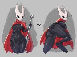 absurd_res alfa_kronoxis anthro anus arthropod arthropod_abdomen ass big_butt biped black_body black_eyes breasts cloak cloak_only clothing curvy_figure digital_media_(artwork) female front_view genitals grey_background hi_res hollow_knight_(franchise) horn hornet_(hollow_knight) medium_breasts pussy question_mark rear_view red_cloak red_clothing simple_background solo team_cherry thick_thighs vulva wide_hips
