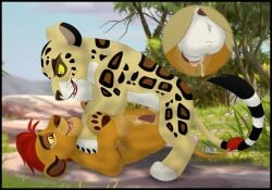 anal anal_sex animal_genitalia balls black_border bodily_fluids border cum digital_media_(artwork) disney duo erection felid feral fur genital_fluids genitals hi_res kaion kion_(the_lion_guard) leopard lion makucha male male/male male_penetrated male_penetrating male_penetrating_male mammal markings pantherine penetration penile penis sex spots spotted_body spotted_fur tail the_lion_guard the_lion_king