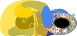 alpha_channel anthro blush bodily_fluids core_crystal cum cum_in_goo duo genital_fluids goo_creature legs_above_head lying machine male on_back protogen questionable_consent slime_(blob) slime_core slime_inflation spiral_eyes stickerboard_(tf2_demo_2004) stickers_on_body tf2_demo_2004