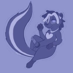 1:1 2025 animal_genitalia animal_penis balls blue_and_white dark_sclera erection eyewear feral fluffy fluffy_tail genitals glasses hair heart_pattern hi_res kerilyn leg_markings looking_at_viewer male mammal markings mephitid monochrome multicolored_hair nonbinary_(lore) penis skunk smile socks_(marking) solo stripes tail white_stripes wide_hips