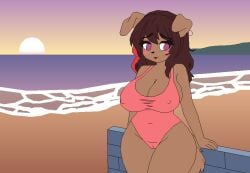 aged_up anthro beach big_breasts blep breasts brown_body brown_fur camel_toe canid canine checksout clothing female fur mammal sheily_(checksout) shy solo sunset swimwear tagme tongue tongue_out
