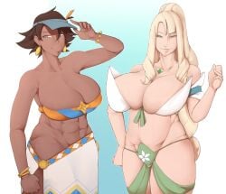 2girls big_breasts blonde_hair bracelet brown_eyes brown_hair clothing dark-skinned_female earrings eve_(fire_emblem) female_only fire_emblem fire_emblem_engage green_eyes hat light-skinned_female mature_female milf mother muscular_female necklace seforia_(fire_emblem) skimpy smile smoxul sweat