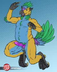 4:5 anthro avian avian_feet balls beak belly blue_body blue_feathers chest_tuft claws countershade_legs countershade_torso countershading dad_body elbow_feathers erection esker_(thealmostderp) fanged_beak feathered_crest feathers finger_claws fluffy genitals green_body green_feathers head_crest hi_res jumping long_ears looking_at_viewer male multicolored_body navel open_mouth orange_body penis predaguy pubes pubic_feathers purple_body purple_feathers scuted_feet scuted_hands scutes tail tail_feathers thick_thighs toe_claws tuft waving_hand