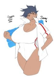 1girls big_breasts black_hair brown_eyes curvy dark-skinned_female female_only jacket original original_character sammy_(smo) sharp_teeth smile smoxul solo sweat swimwear thick_thighs water