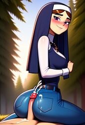 ai_generated buttjob buttjob_over_clothes covered_buttjob cum_on_ass cum_on_clothes cum_on_clothing cum_on_jeans cumshot disventure_camp disventure_camp:_carnival_of_chaos eja ejaculation explosive_cum huge_ass huge_breasts isabel_(disventure_camp) isabel_carboni jeans looking_back nipples nun nun_outfit odd_nation_cartoons partial_male shirt_up