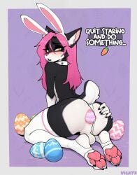 anthro ass backsack balls big_butt black_body black_fur blush bodily_fluids clothing clothing_aside collar domestic_cat easter easter_egg egg_in_ass fake_ears fake_rabbit_ears felid feline felis femboy fur genitals hair hi_res holidays inner_ear_fluff legwear long_hair male male_penetrated mammal penetration pink_hair short_tail solo spiked_collar spikes spread_butt spreading stirrup_legwear stirrup_stockings stockings sweat sweaty_butt tail thigh_highs thong thong_aside tuft underwear underwear_aside vickyx