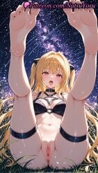 1girls 2025 ai_generated anus bangs barefoot bikini_top_only black_bikini blonde_hair bottomless bra breasts feet foot_fetish foot_focus grass hi_res highres konjiki labia labia_majora legs legs_up long_hair looking_at_viewer natsuyoru navel night open_mouth outdoors patreon pussy red_eyes sitting sky soles solo star_(sky) starry_sky swimsuit thigh_strap to_love-ru to_love-ru_darkness toes tongue tongue_out two_side_up uncensored vagina voluptuous voluptuous_female