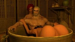 2girls 3d anus ass ass_up bath bathing bathroom big_ass black_hair blowjob breasts bubble_butt cd_projekt_red completely_nude fellatio female freckles geralt_of_rivia light-skinned_female light-skinned_male male mascara massage nude oral oral_sex red_hair scar sucking_penis the_witcher_(series) the_witcher_3:_wild_hunt trinitylord triss_merigold white_hair yellow_eyes yennefer