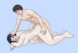1girl1boy ass ass_grab ass_penetration beard big_ass big_breasts big_butt brown_hair doggy_style female goth goth_girl hand_on_head lipstick male original_character pale-skinned_female purple_hair raven_(dc) short_hair smile teen_titans thick_thighs wholesome wide_hips