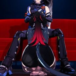 1boy 1girls back_view blowjob cat_boy cat_tail clothing female jane_doe_(zenless_zone_zero) male oral oral_sex panties rat_ears rat_girl rat_tail red_hair seth_lowell sofa white_hair zenless_zone_zero