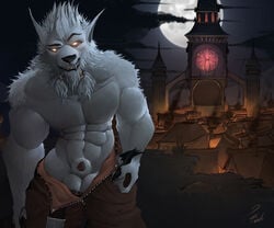 2016 abs animal_genitalia anthro anthro_only balls beard belt biceps biped black_claws black_lips black_nose building canine claws clothed clothing cloud detailed_background eyebrows facial_hair front_view full_moon fur furry genn_greymane glowing glowing_eyes hair lips looking_at_viewer male male_only mammal moon muscular muscular_male night no_humans outside pants pants_down partially_clothed pecs penis penis_tip pointy_ears portrait raised_eyebrow sheath signature sky smile smirk smoke solo standing teeth three-quarter_portrait topless tower undressing video_games village warcraft were werewolf white_balls white_fur white_hair worgen zomacaius