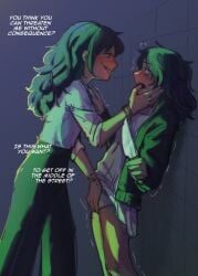 2girls against_wall black_hair blush blushing degrees_of_lewdity english_text fem_kylar_(dol) female green_eyes hand_under_skirt knife kylar_(dol) pussy_grab shaking shaking_lines shorter_female simple_background tagme taller_female thumb_in_mouth yuri