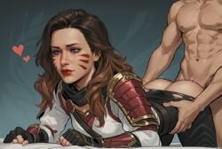 1boy ai_generated armor armored_female ass beautiful_girl big_ass bitch black_eyeliner blue_eyes blush brown_hair cleavage clothed_female_nude_male clothed_sex doggy_style eyeliner eyeshadow face_paint female fingerless_gloves gloves grab_waist heart long_hair makeup monster_hunter monster_hunter_wilds multicolored_hair nude nude_male original_character red_lipstick ripped_clothing sex sex_from_behind white_skin