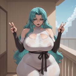 ai_generated areolae_visible_through_clothing bare_thighs cyan_eyes cyan_hair double_v earrings gigantic_breasts glasses huge_breasts huge_thighs light-skinned_female light_skin long_hair looking_at_viewer massive_breasts mature_female milf nipples_visible_through_clothing one-punch_man psykos smiling smogai solo_female squatting sweat sweatdrop thick_body thick_female thick_thighs thighs voluptuous voluptuous_female