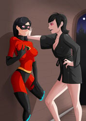 2girls bathrobe black_hair black_lipstick bodysuit boots breast_fondling breast_grab breast_squeeze breasts cleavage costume crossover disney erect_nipples female female_only glowing_eyes groping hair_band hotel_transylvania hypnosis mask mavis_dracula mind_control nail_polish nightgown oo_sebastian_oo pixar short_hair straight_hair superhero the_incredibles thigh_boots vampire violet_parr yuri