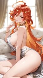 1girls ai_generated alluring azur_lane background backless_outfit bangs bare_arms bare_legs bare_shoulders big_breasts bracelet breasts cleavage commentary_request cosplay couch dress earrings elegant eyeshadow female female_focus female_only finger_to_mouth genshin_impact hair hair_between_eyes high_heels hoyoverse indoors inside large_breasts legs lia_the_busty_redhead lipstick long_eyelashes long_hair looking_at_viewer makeup mature mature_female mavuika_(genshin_impact) necklace no_bra orange_eyes orange_hair panties pose posing seductive seductive_look seductive_pose seductive_smile self_upload sexy sexy_pose side_view sideboob sitting skimpy skimpy_clothes smile smiling_at_viewer solo solo_female solo_focus st._louis_(luxurious_wheels)_(azur_lane)_(cosplay) suggestive suggestive_gesture suggestive_look suggestive_pose tagme thighs wavy_hair