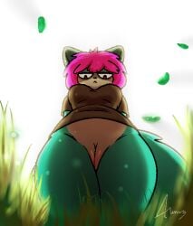 anthro blue_body bottomless breasts clothed clothing digital_media_(artwork) female fur genitals grass hair hi_res humanoid light looking_at_viewer low-angle_view mammal masornydraws pink_hair plant procyonid pussy raccoon shaded solo sunlight tail unimpressed