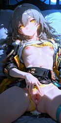 ai_generated black_jacket cum_in_pussy expressionless honkai:_star_rail panties_aside shirt_lift spread_pussy spreading_own_pussy stelle_(honkai:_star_rail) white_shirt yellow_bra yellow_panties