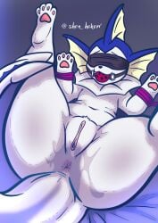 2025 4_toes absurd_res ambiguous_fluids anus arms_tied artist_name ass ball_gag big_butt blindfold blue_body bodily_fluids bondage bondage bound digitigrade eeveelution feet female feral fin front_view gag generation_1_pokemon genital_fluids genitals grey_background hi_res humanoid_genitalia humanoid_pussy lying nintendo on_back pawpads pokemon pokemon_(species) pubes pussy quadruped restrained shen_hokori simple_background solo tail text thick_thighs toes vaginal_fluids vaporeon wet_anus white_body