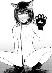 absurdres animal_ears animal_hands bar_censor blush breasts censored collar commentary dog_ears fake_animal_ears female female_pubic_hair gloves greyscale hand_up highres idolmaster idolmaster_shiny_colors ikaruga_luca leash looking_at_viewer medium_breasts medium_hair monochrome navel nipples nude oerba_yun_fang open_mouth paw_gloves paw_shoes pubic_hair pussy skin_fang solo squatting sweat yagihitsuji00