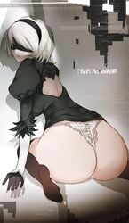 ass ass_focus backless_outfit blindfold breasts female looking_back nier nier:_automata sideboob sitting stockings thong white_hair yorha_2b