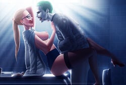 1boy 1girls big_breasts breasts clothed_sex dc dc_comics dc_extended_universe dr._harleen_quinzel female glasses harleen_quinzel jojobanks joker kiss_mark lipstick_mark male nipples stockings straight straitjacket suicide_squad table the_joker vaginal_penetration