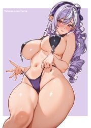 absurdres ahoge bikini black_nails blush breasts cetta_(cettadvd) closed_mouth female highres large_breasts long_hair mole mole_under_eye navel patreon_username pointy_ears purple_background purple_bikini purple_hair solo stomach swimsuit thighs vivian_(zenless_zone_zero) vivian_banshee zenless_zone_zero