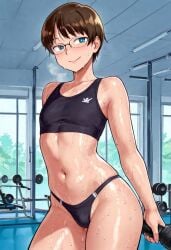 ai_generated femboy feminine_male girly glasses gym hinemosu hinemosu_notari_style light_skinned_femboy male otoko_no_ko sports_bra style sweaty sweaty_body workout_clothes