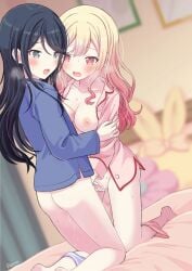 2girls bed bedroom bedroom_setting bedroom_sex black_hair blonde_hair blue_eyes breasts breasts_out female female/female female_only fingering fingering_partner fingering_pussy gradient_hair hoshino_ichika_(project_sekai) long_hair masturbating_other moaning moaning_in_pleasure moans nipples partially_clothed partially_nude pink_eyes pink_hair project_sekai pussy remo_(artist) sex tenma_saki textless textless_version yuri