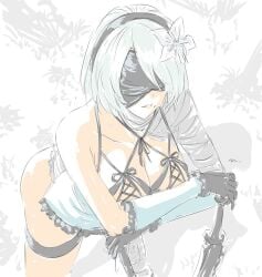 1girls 9431116 ass bandaged_arm blindfold cleavage cosplay female kaine_(nier) kaine_(nier)_(cosplay) nier nier:_automata nier_(series) panties sword yorha_2b