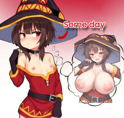 1female 1girls ai_assisted ai_generated big_breasts big_nipples brown_hair cute edit edited exposed_breasts exposing_chest female female_only flat_chest huge_breasts imagining kono_subarashii_sekai_ni_shukufuku_wo! looking_at_viewer looking_away megumin perchance_ai pout red_dress red_eyes short_hair simple_background small_nipples smile smiling_at_viewer thinking topless witch_hat